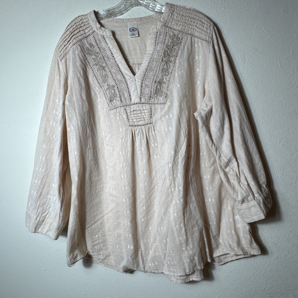 Bila Women's XXL Peach Pink Embroidered Cotton Boho Tunic Blouse 100% Cotton